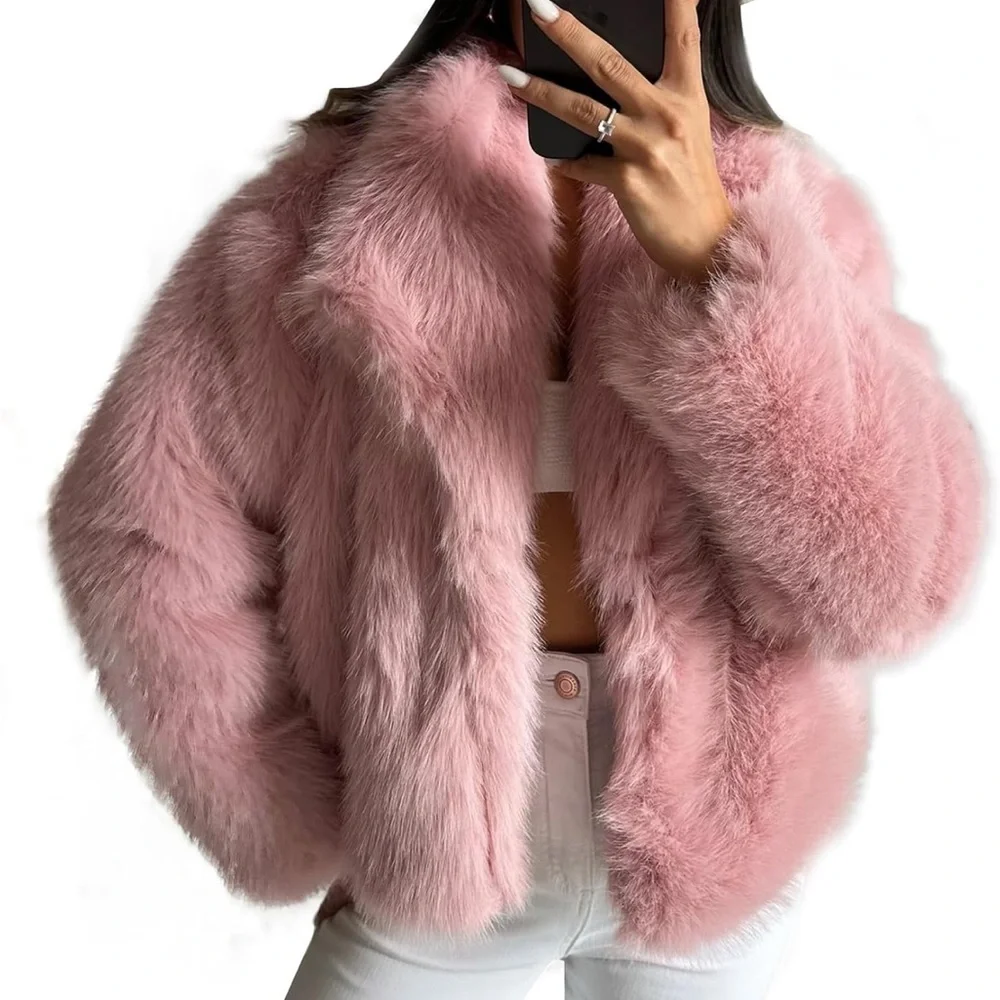 Women's Pink Faux Fur Jacket shaggy faux fur coat_5